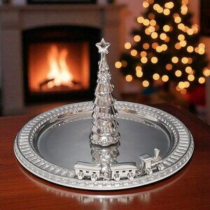 NEW RARE Pottery Barn Handcrafted Metal Holiday Train & Tree Serving Platter NIB